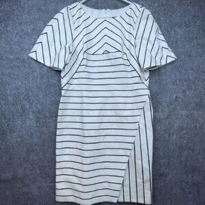 Karen Millen Dress Womens 10 White Navy Striped Nautical Fitted Career Pencil